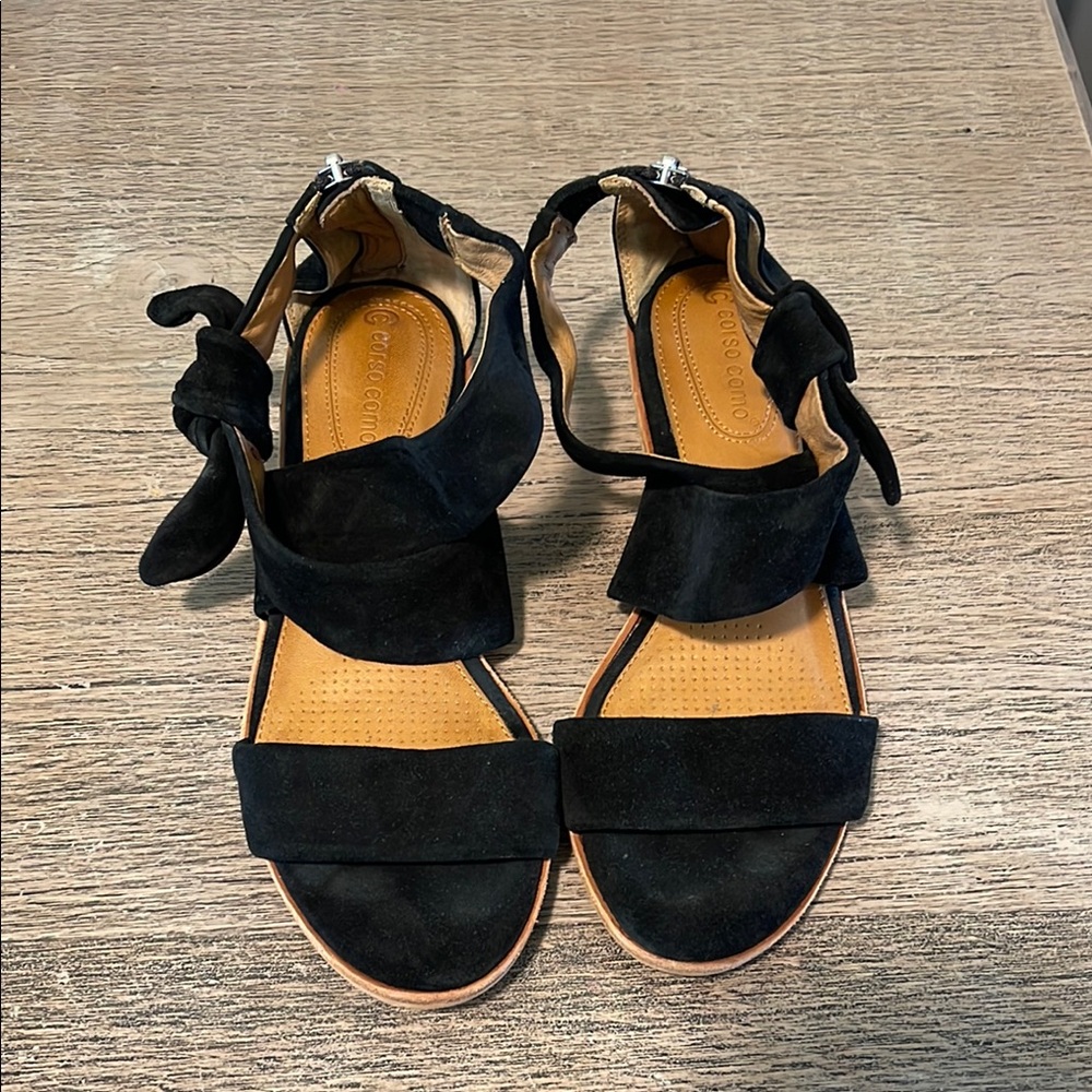 Corso Como Black Suede Bow Ankle Strap Sandals